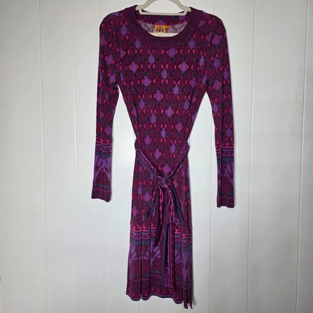Tory Burch Audra‎ Silk Geometric Print Wrap Dress Purple Pink Long Sleeve Medium